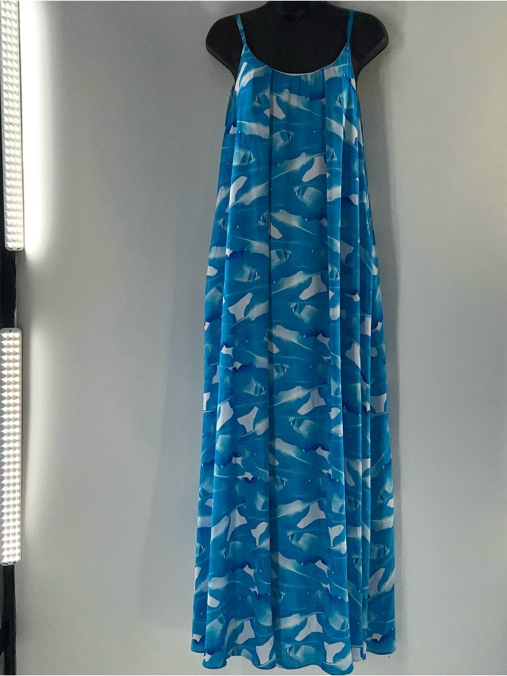 Aura White and Blue Printed Spring Summer Maxi Slip Sundress-Size XS